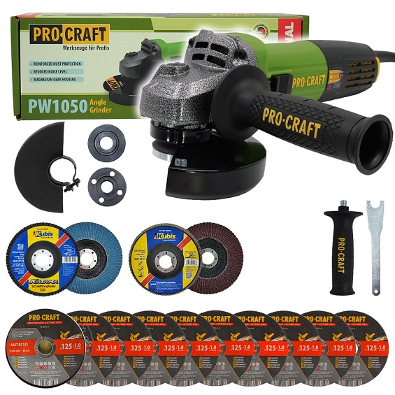 Bruska úhlová Procraft PW1050 + 10x řezný kotouč, 2x lamelový kotouč  SPW1050